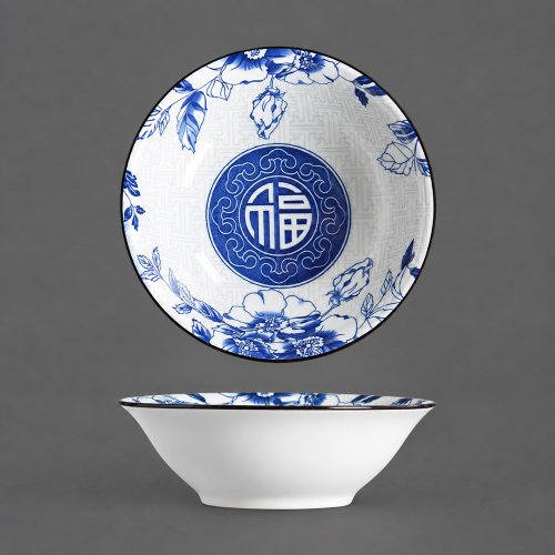Bowl cónico blanco con flores y letras chinas azul 15cm de cerámica