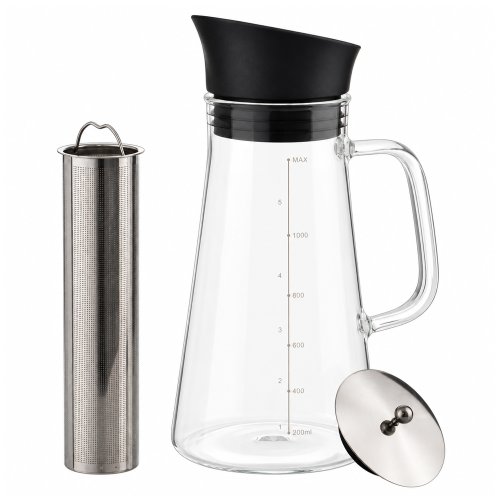 Cafetera vidrio con filtro acero con medidor 1,2lt pico negro 11,5x9x24,5cm