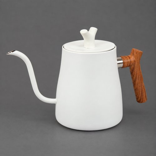 Jarra barista blanca con pico largo con asa simil madera 1500ml 10x27cm de acero