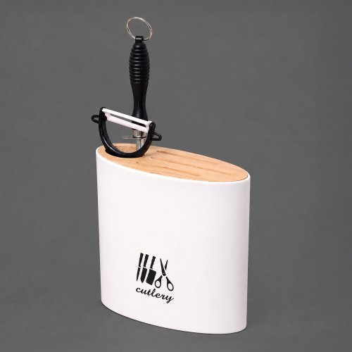 Porta cuchillos y tijeras oval blanco con tapa de bambú 7x16,5x15,6cm de plástico