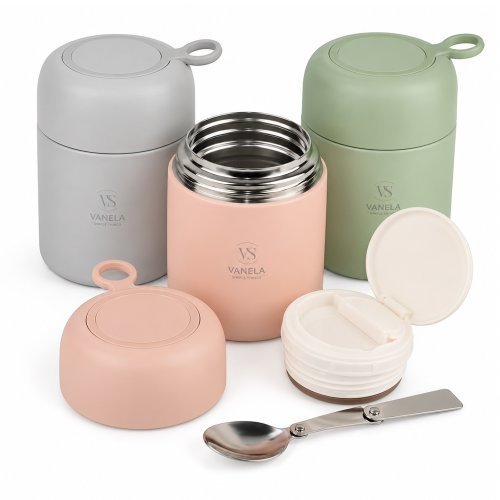 Conservadora de alimentos con cobertura y tapa plástica con cuhara colores surtidos 500ml 9x14cm de acero