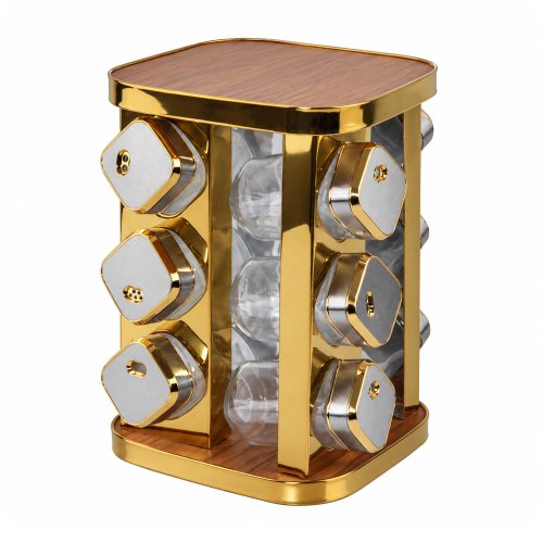Especieros cuadrados x12 frascos con soporte giratorio dorado contapa madera 17x17x22cm