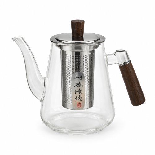Tetera cónica con base redonda de vidrio con filtro y tapa de metal, con botón y mango de mader 950ml pico largo
