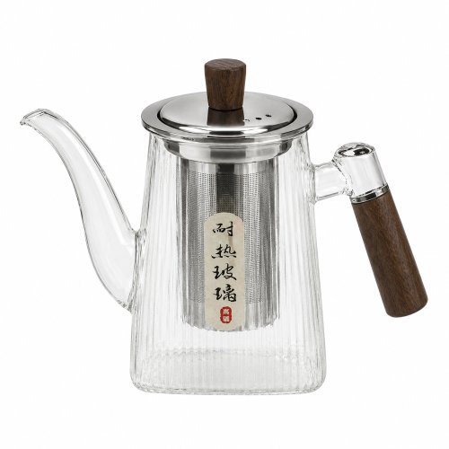 Tetera piramidal rayada con base redonda de vidrio con filtro y tapa de metal, con botón y mango de mader 750ml pico largo