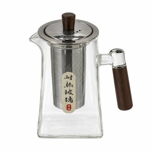 Tetera piramidal lisa con base redonda de vidrio con filtro y tapa de metal, con botón y mango de mader 550ml pico largo