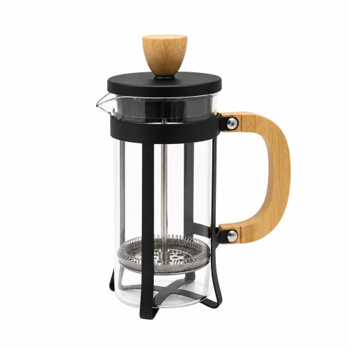 Cafetera de vidrio con carcasa y tapa de metal negro, con botón y asa de bambú 350ml