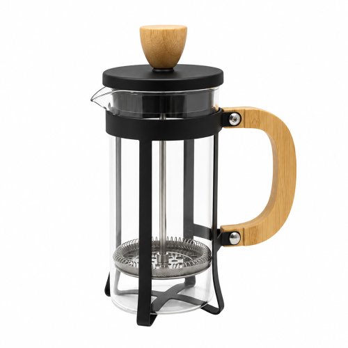 Cafetera de vidrio con carcasa y tapa de metal negro, con botón y asa de bambú 600ml