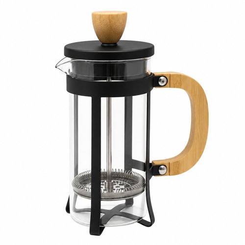 Cafetera de vidrio con carcasa y tapa de metal negro, con botón y asa de bambú 800ml