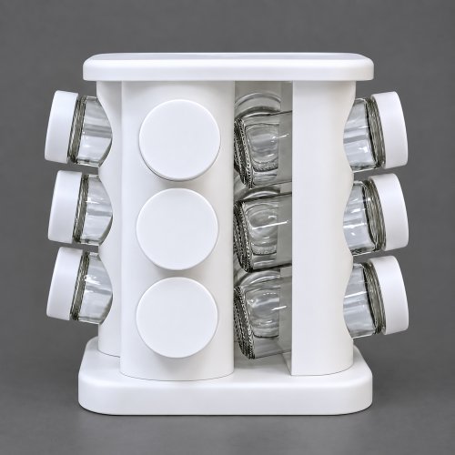 Especiero cuadrado de plástico con blanco giratorio - 12 frascos de vidrio