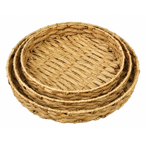 Set x3 bandejas redondas de plástico trenzado simil seagrass 35x4,5/31x4,5/27x4,5cm