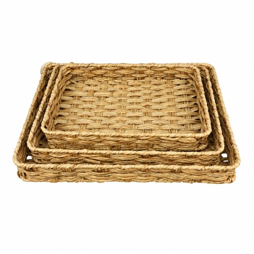 Set x3 bandejas rectangulares de plástico trenzado simil seagrass 38x29x5/34x25x5/30x20x5cm