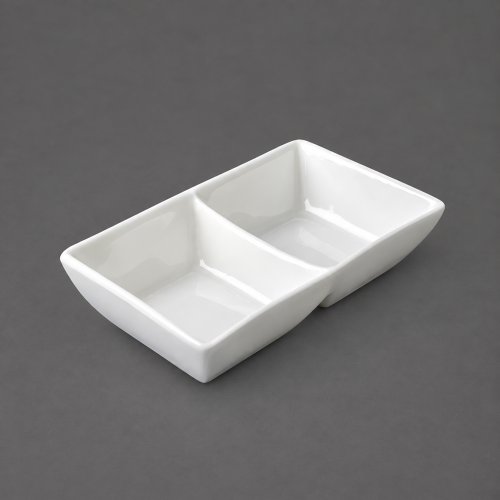 Set x6 bandejas para salsa de soja de cerámica blanca con 2 divisiones 13,8x6,8x3cm
