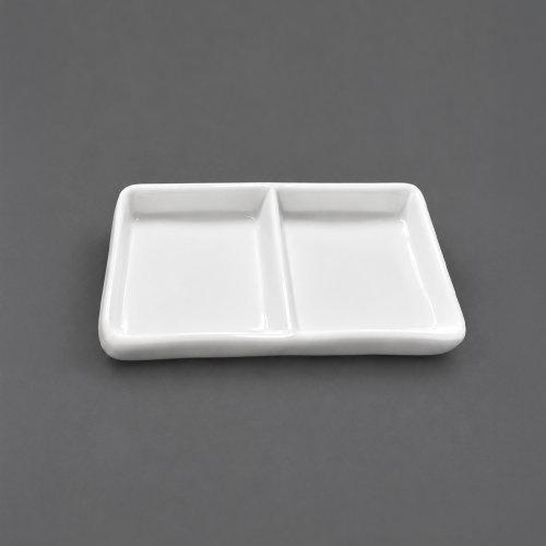 Set x6 bandejas para salsa de soja de cerámica blanca con 2 divisiones 6,2x15x2,4cm