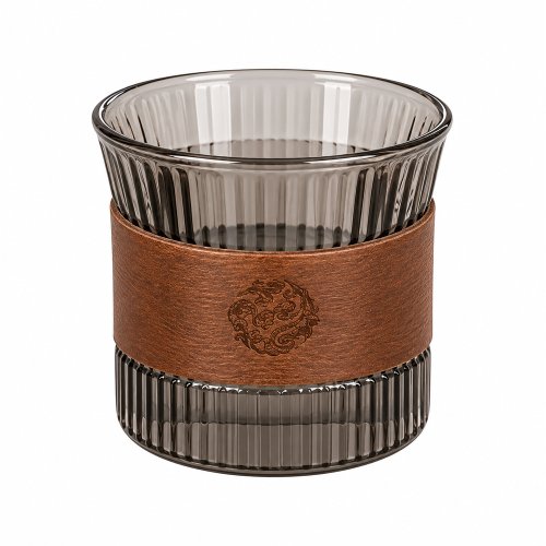 Jarro de café de vidrio térmico rayadot gris con cobertor de madera 120ml