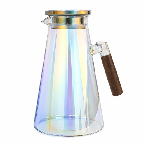 Jarra cónica de vidrio perlado con tapa de metal y mango de madera 1,7lt 13,5x23cm