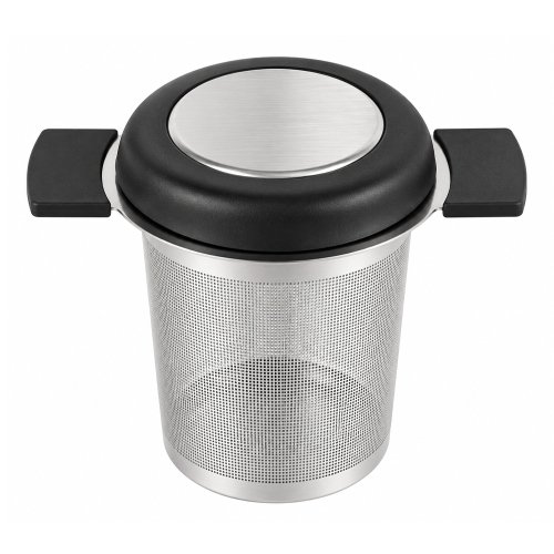 Filtro de té de acerocon tapa negra y acero con asa negra para sostener en taza 8x7,5cm