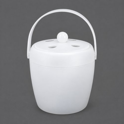 Hielera bombé de plástico blanca satinada con tapa, manija y pinza 17x19cm