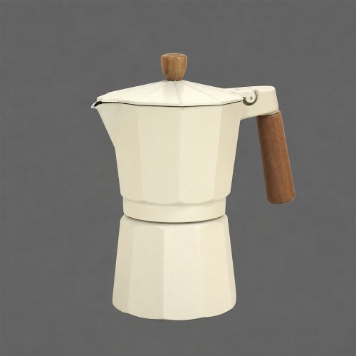 Cafetera italiana aluminio blanco octogonal 3 cup con mango y botón de bambú 150ml  8x14,5cm