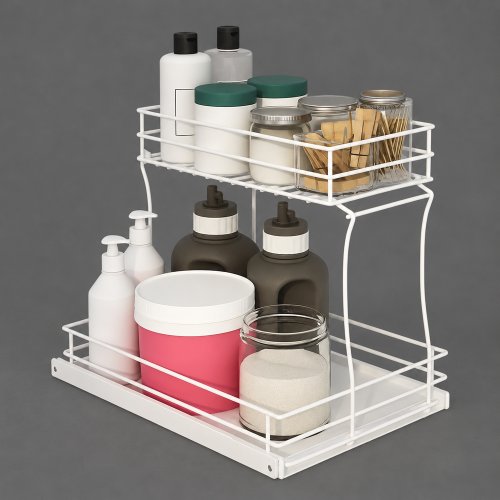 Organizador de cocina de acero blanco doble estante con riel autoadhesivo para deslizar 29x39,5x33,5cm