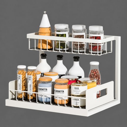 Organizador de cocina de acero blanco doble estante con riel autoadhesivo para deslizar 27,5x36,3x28cm