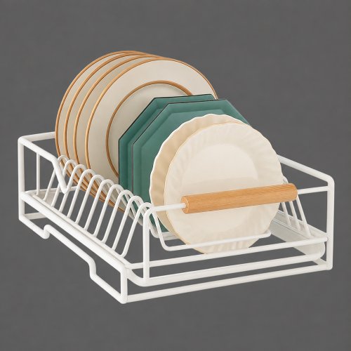 Soporte para platos de acero blanco con asa de bamboo con riel autoadhesivo para deslizar 30x40x13cm