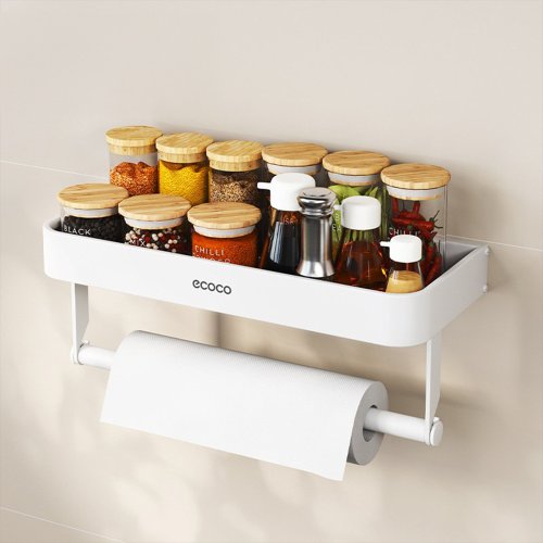 Estante organizador de cocina autoadhesivo con porta rollo 30x12,4x12cm de plástico blanco