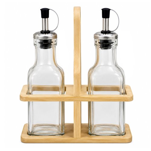 Set x2 aceiteras de vidrio con soporte de madera 150ml 14,8x25cm