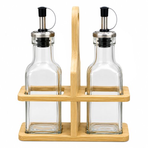 Set x2 aceiteras de vidrio con soporte de madera 250 ml 14,7x7x19,5cm