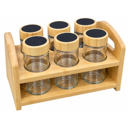 Especiero con 6 frascos de vidrio con tapa de madera 100ml con soporte 22x13x13,1cm