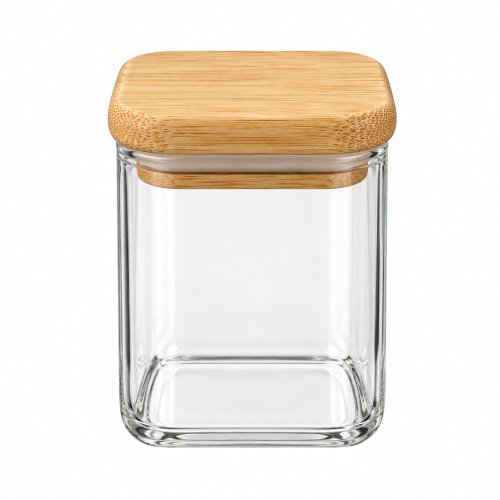 Frasco especiero de vidrio cuadrado con tapa de madera 170ml 6,2x6,2x8,7cm