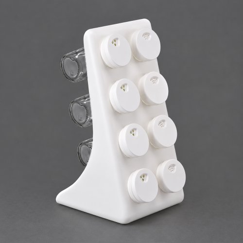 Especiero blanco con 8 frascos de vidrio y tapa de plástica blanca 13x17cm