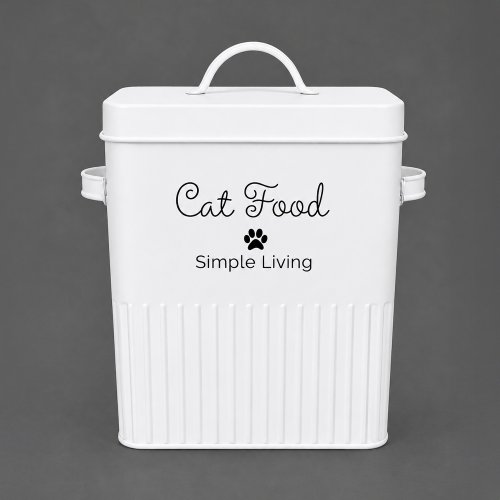 Lata para alimento de gato cuadrada blanca de metal con cuchara y tapa con manija 18×15,5×25,5cm