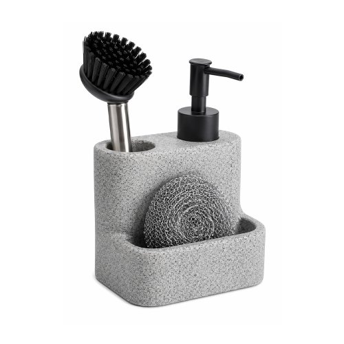Dispenser de detergente de poliresina con acabado arena gris con espacios para esponja y cepillo. 11,2×9,3×16,6cm. Incluye cepillo y esponja metálica.