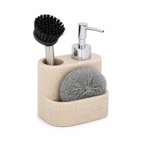 Dispenser de detergente de poliresina con acabado arena con espacios para esponja y cepillo. 11,2×9,3×16,6cm. Incluye cepillo y esponja metálica.
