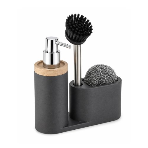 Dispenser de detergente de poliresina color piedra, con detalle de bambú en la parte superior 18,5×6,7×16,4cm. Incluye cepillo con mango de acero inoxidable y esponja metálica.