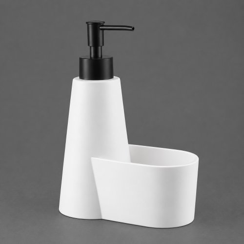 Dispenser de detergente de poliresina estilo cono con acabado blanco mate y compartimento lateral para esponja 14,7×8×22cm