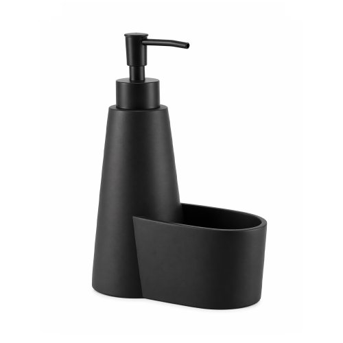 Dispenser de detergente de poliresina estilo cono con acabado negro mate y compartimento lateral para esponja 14,7×8×22cm