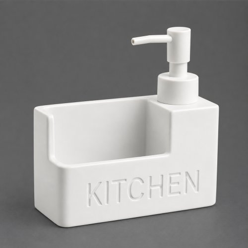 Dispensador de detergente de poliresina con acabado blanco mate y compartimento para esponja. DiseÃ±o frontal con la palabra â??KITCHENâ? en relieve 14,3Ã?6,6Ã?14,5cm