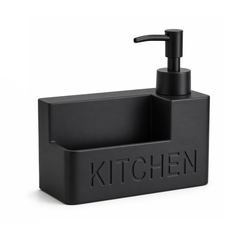 Dispensador de detergente de poliresina con acabado negro mate y compartimento para esponja. DiseÃ±o frontal con la palabra â??KITCHENâ? en relieve 14,3Ã?6,6Ã?14,5cm