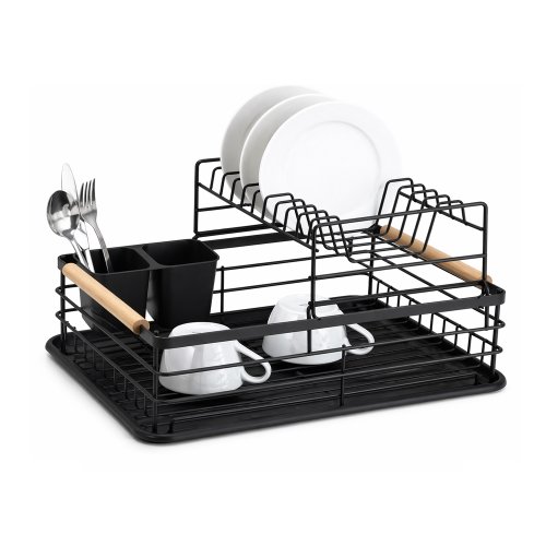 Escurridor de platos de metal negro con manijas de madera con bandeja plástica y porta cubiertos 41,5×29×26,5cm