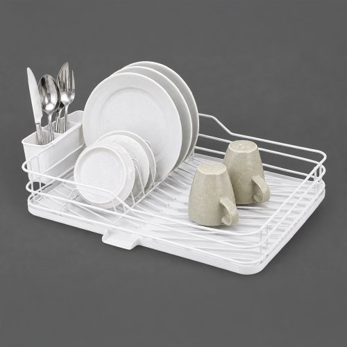 Escurridor de platos con estructura metálica blanca, porta utensillos y bandeja 43,5×29,2×10,5cm. Base inclinada con canal de desagüe y patas antideslizantes.