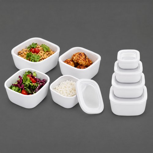 Set x4 contenedores blancos de polipropileno 12,5x12,5x5,7cm (500ml) / 15,2x15,2x6,7cm (950ml) / 18x18x7,7cm (1500ml) / 21x21x9cm (2500ml)