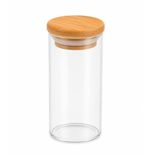 Frasco de vidrio redondo con tapa de bamboo 220ml 6,5x8,6cm