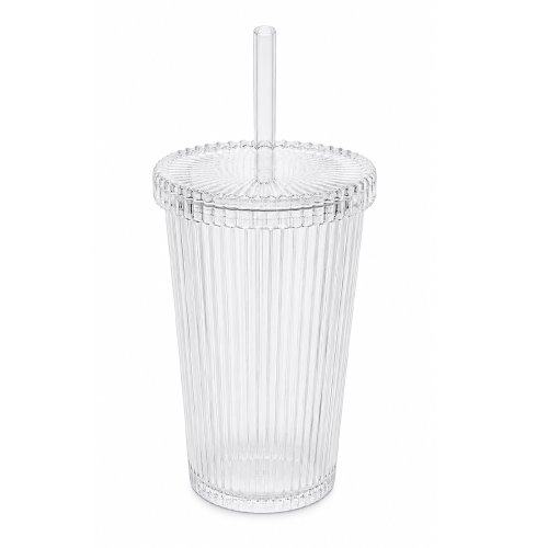 Vaso de vidrio con tapa y sorbete 380ml 6-8,8x14,5cm