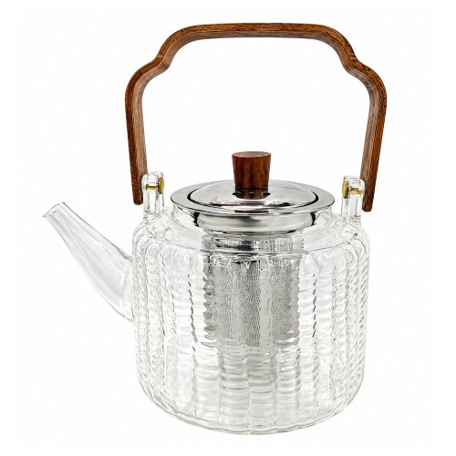Tetera de vidrio con filtro y tapa de metal con mango bamboo oscuro 1000ml 8,5x12x11cm