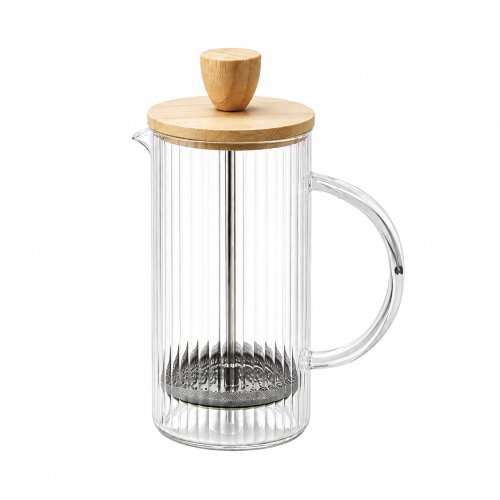 Cafetera redonda recta de vidrio rayado y tapa de bamboo
