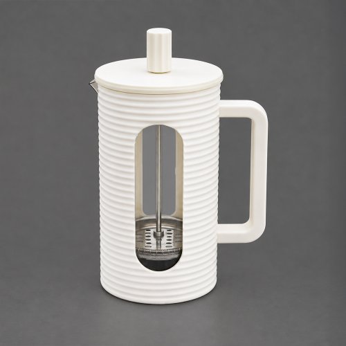 Cafetera de vidrio con plástico blanco con rayas horizaontales