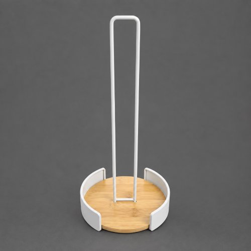 Porta rollo de cocina de hierro blanco con base redonda de bamboo 15x30cm