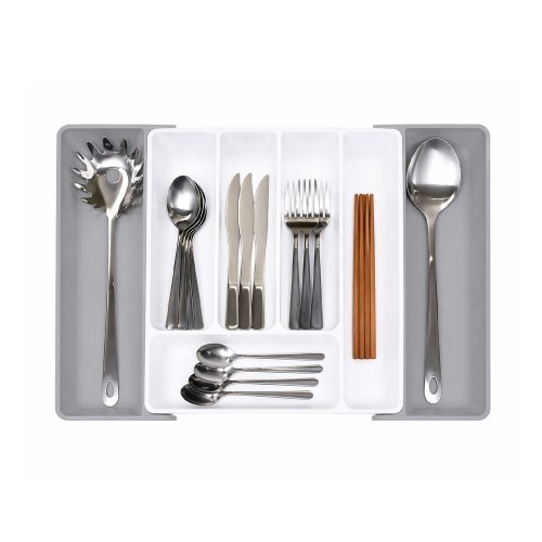 Cubiertero extensible de polipropileno gris claro 36,8x27,3x4,3cm / 36,8x44,5x4,3cm