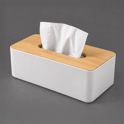 Porta pañuelos descartables de polipropileno blanco con tapa de bamboo 26,1x13,1x8,6cm